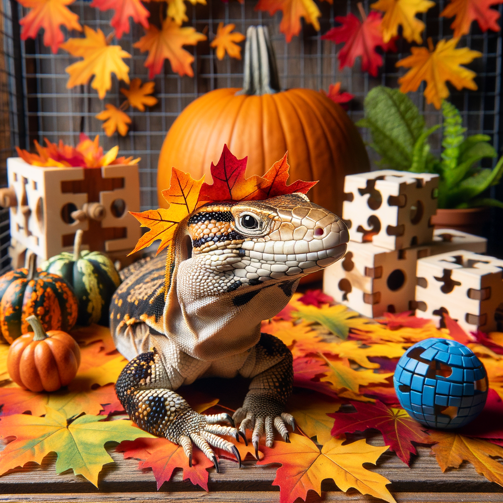 Autumn-themed Tegus decor featuring Autumn leaves and DIY puzzle balls for Tegus enrichment activities, showcasing creative Tegus decoration ideas and innovative use of Autumn leaves in pet decor.