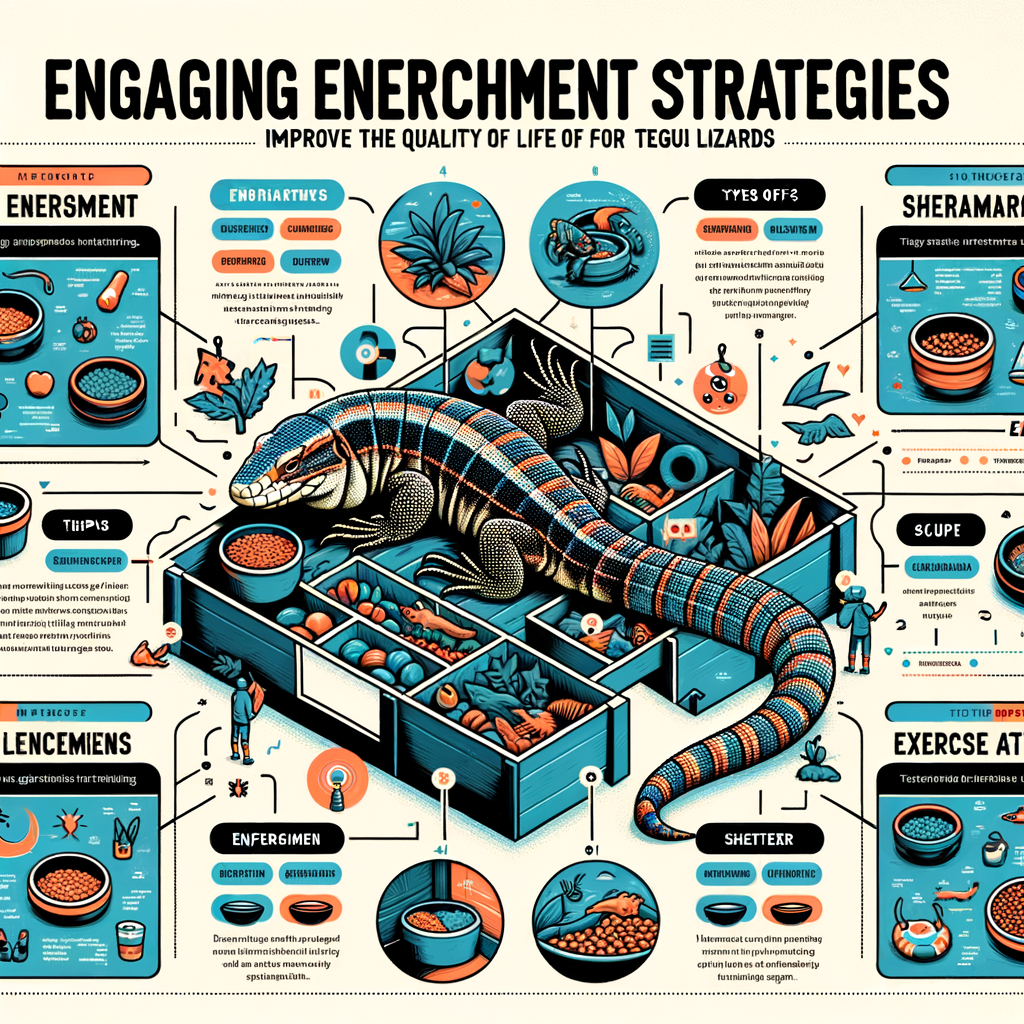Infographic illustrating interactive Tegu enrichment strategies and care tips for improving Tegu lifestyle and happiness, providing key insights from Tegu care guide.