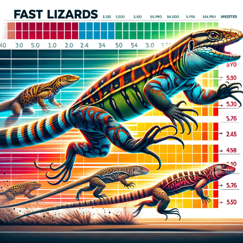 Dynamic image of Tegu Lizards running at impressive speed, demonstrating agility and quickness, with a speed comparison chart against other fastest lizards, highlighting Tegu Lizards as speed demons in the reptile world.