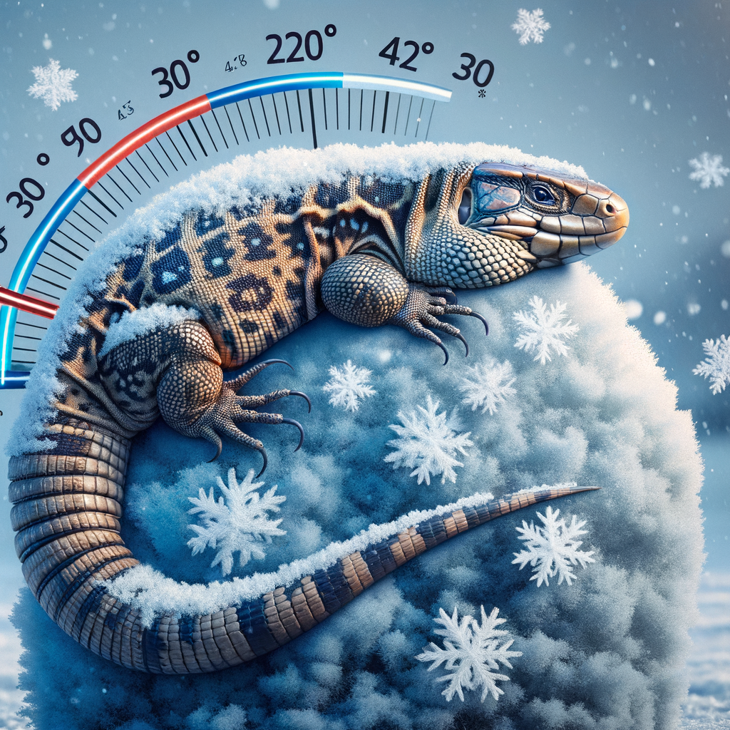 Tegu Lizard demonstrating cold comfort adaptation in low temperatures, showcasing unique behavior and necessary care in its natural habitat.