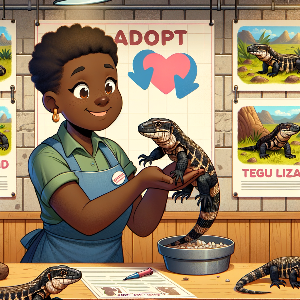 Volunteer at Tegu Lizard Rescue Center handling a Tegu ready for adoption, with Tegu Lizard Shelters and informational posters about Tegu Lizard Care and Adoption Process in the background, promoting Adopt Don't Shop Movement and Exotic Pet Adoption.