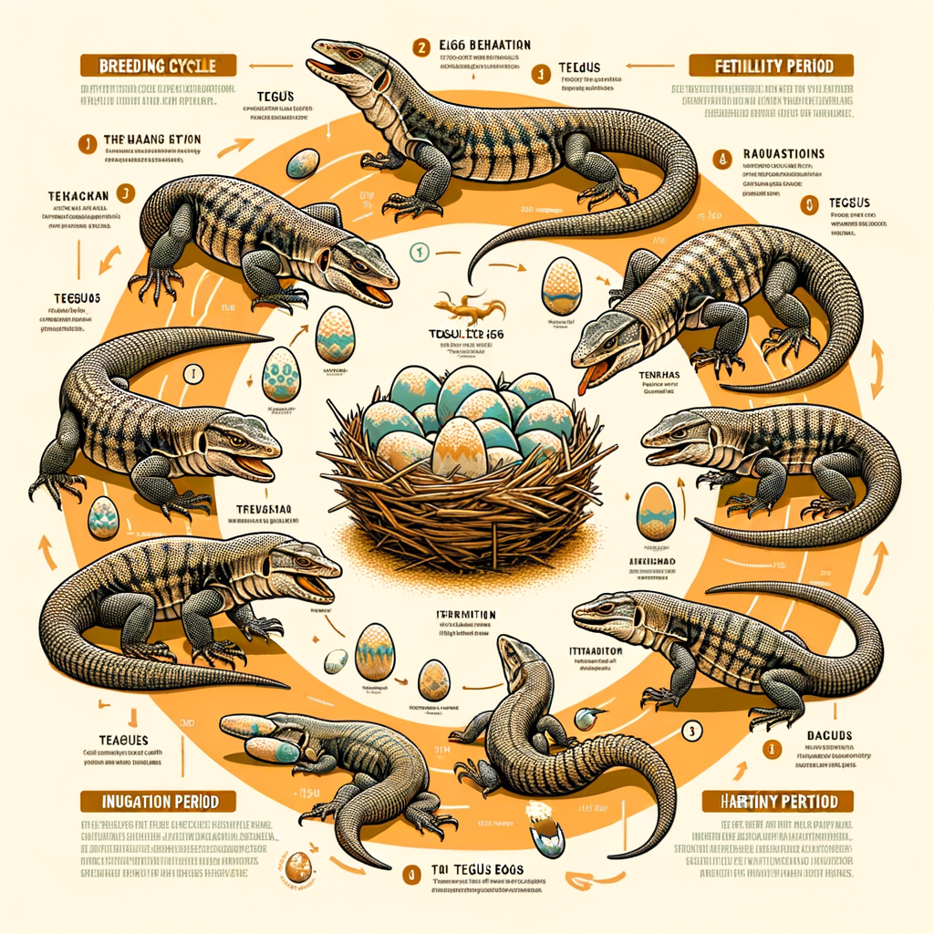 Infographic detailing the Tegus breeding cycle, including Tegus egg laying season, signs of Tegus egg laying behavior, Tegus fertility period, Tegus egg incubation period, Tegus egg hatching, and tips for Tegus egg care.