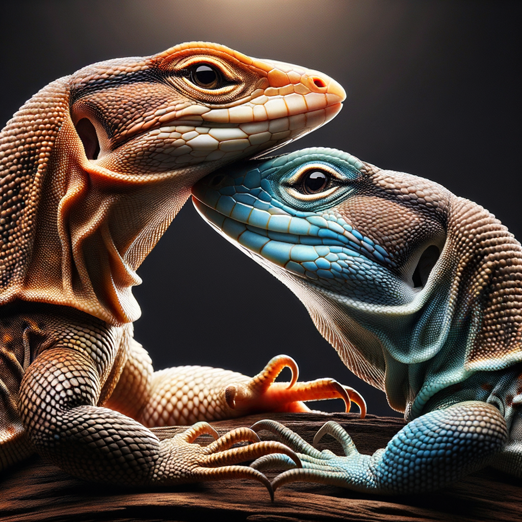 Two lizards showing affection through touching, illustrating lizard behavior, communication, bonding, and the complexity of understanding lizard love language and reptile affection.