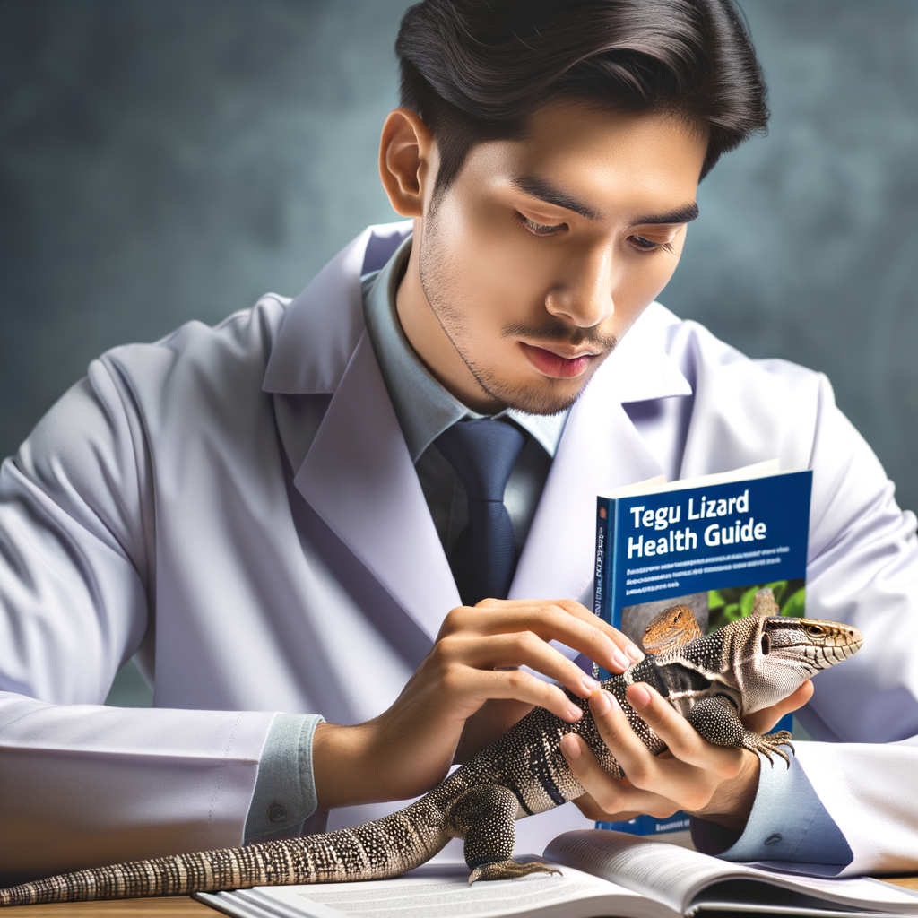 Veterinarian examining Tegu lizard for health issues, identifying symptoms and recognizing illness, highlighting the importance of Tegu lizard health care and disease prevention, with a Tegu Lizard Health Guide in the background.