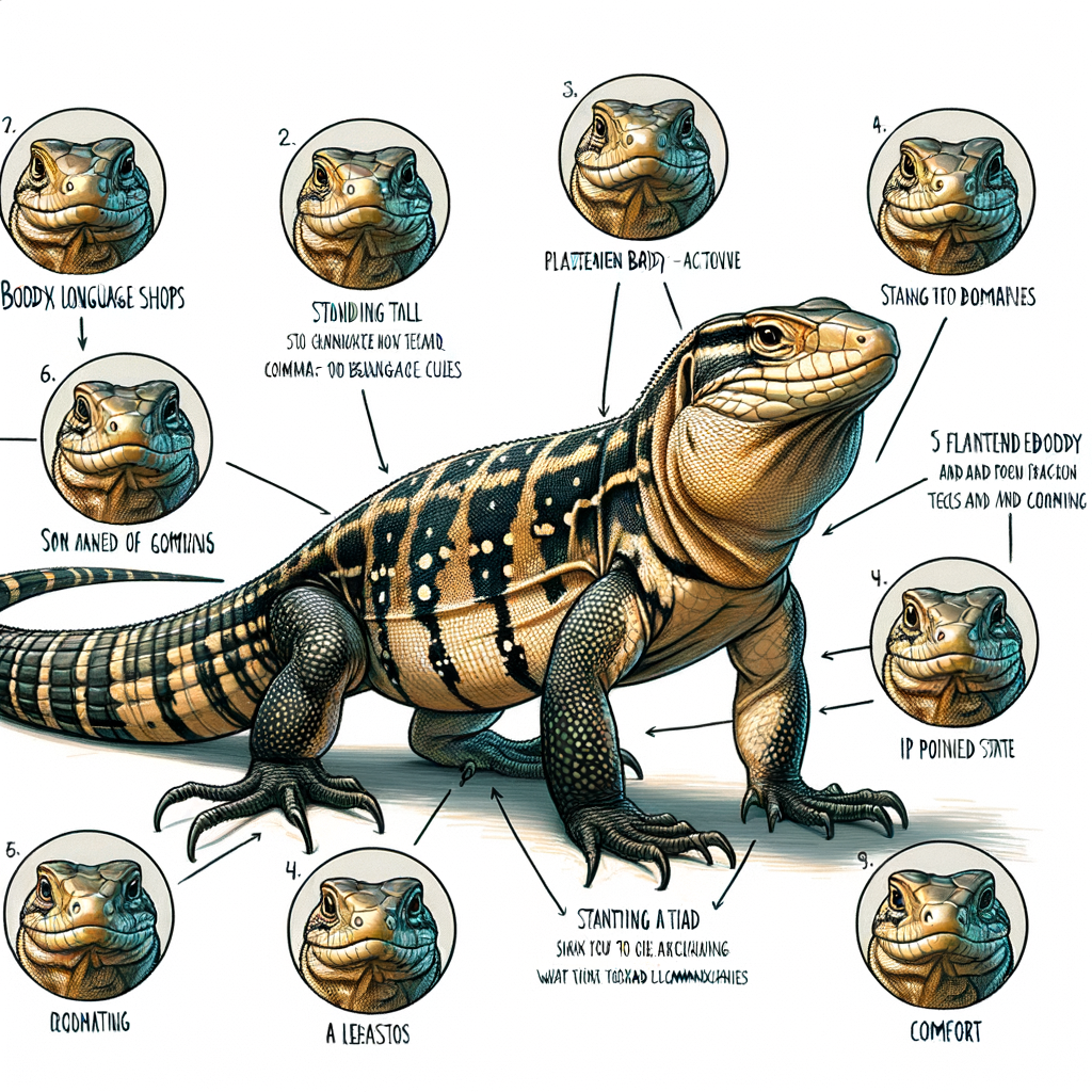 Annotated illustration of Tegu lizard behavior, highlighting Tegu communication cues, Tegu body language, and Tegu lizard signals for understanding Tegu interaction and interpreting Tegu behavior in 'Tegu Talk'.