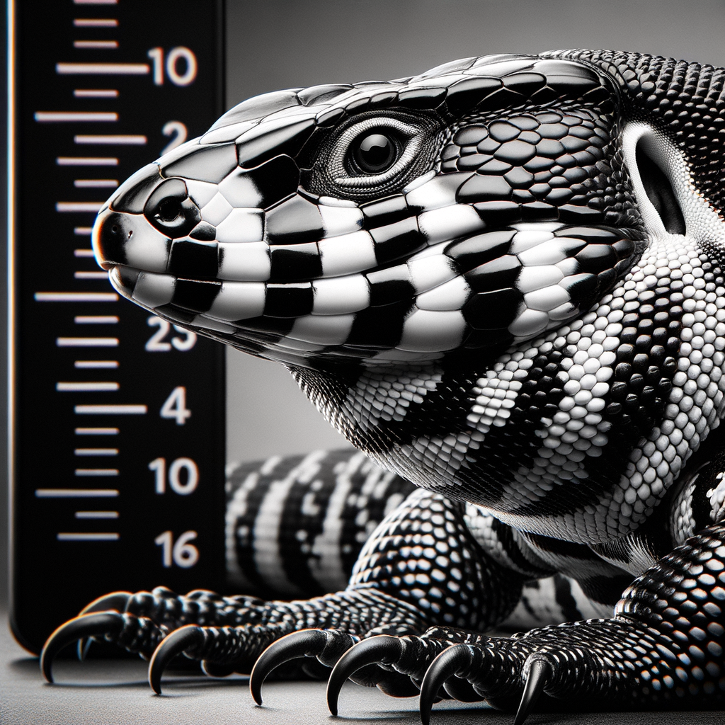 Close-up of a large Black and White Tegu lizard demonstrating its impressive size compared to a common household object, highlighting key Tegu lizard characteristics.