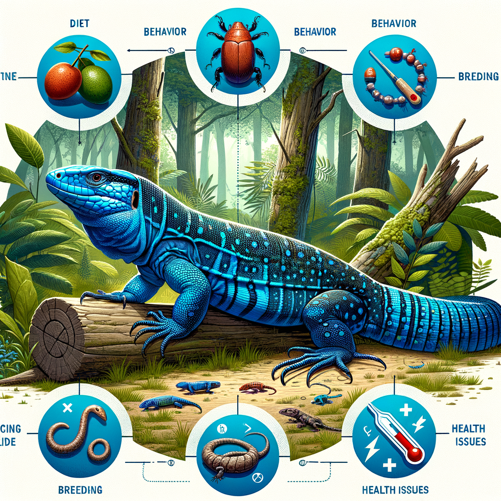 Blue Beauty Tegu Lizard in its natural habitat, illustrating a beginner's guide to Tegu care, diet, behavior, breeding, and health issues for those interested in keeping Blue Tegu Lizards.