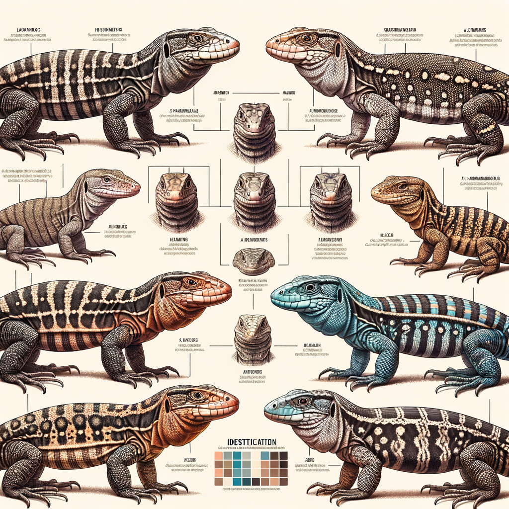 Visual guide highlighting the unique traits and diversity of different Tegu Lizard subspecies, providing an identification chart for various Tegu Lizard varieties.