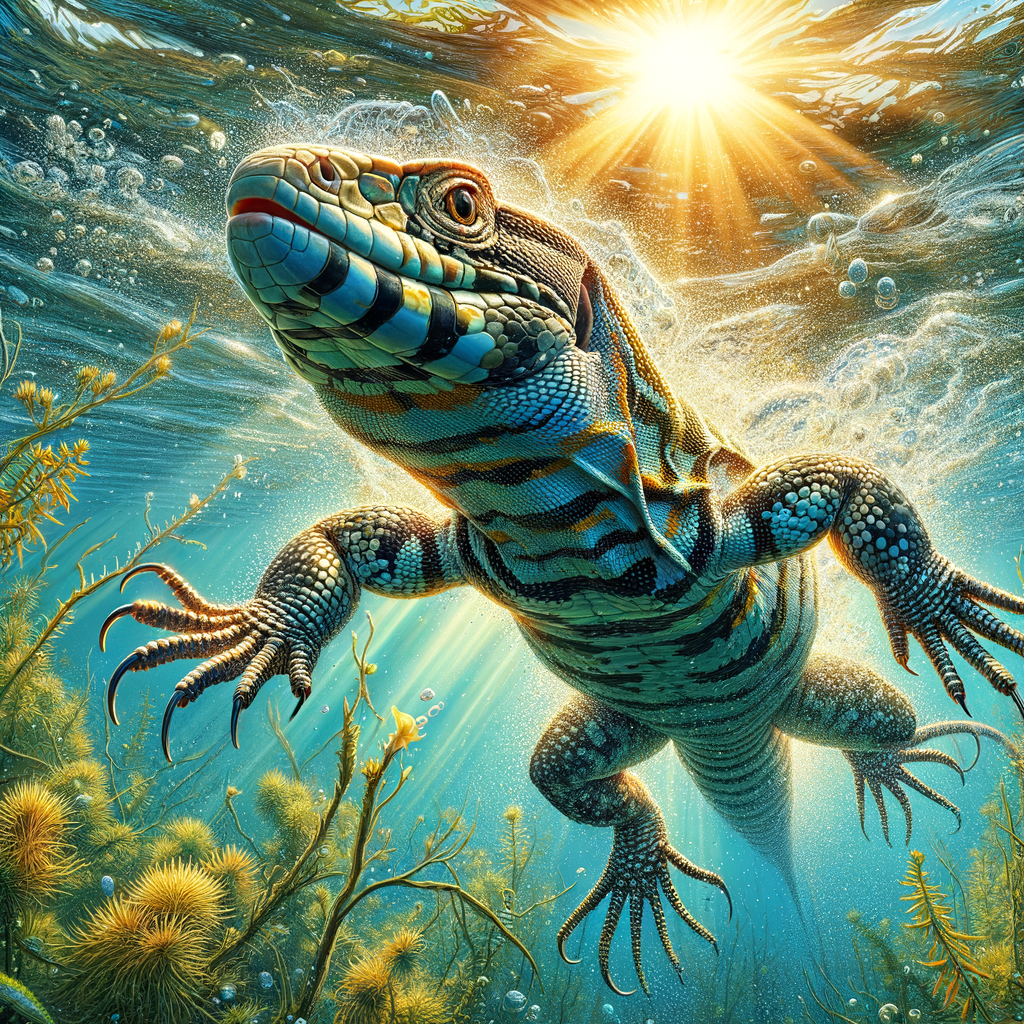 Vivid depiction of Tegus lizard swimming in natural aquatic environment, showcasing Tegus aquatic behavior and water-based activities for understanding Tegus in water.