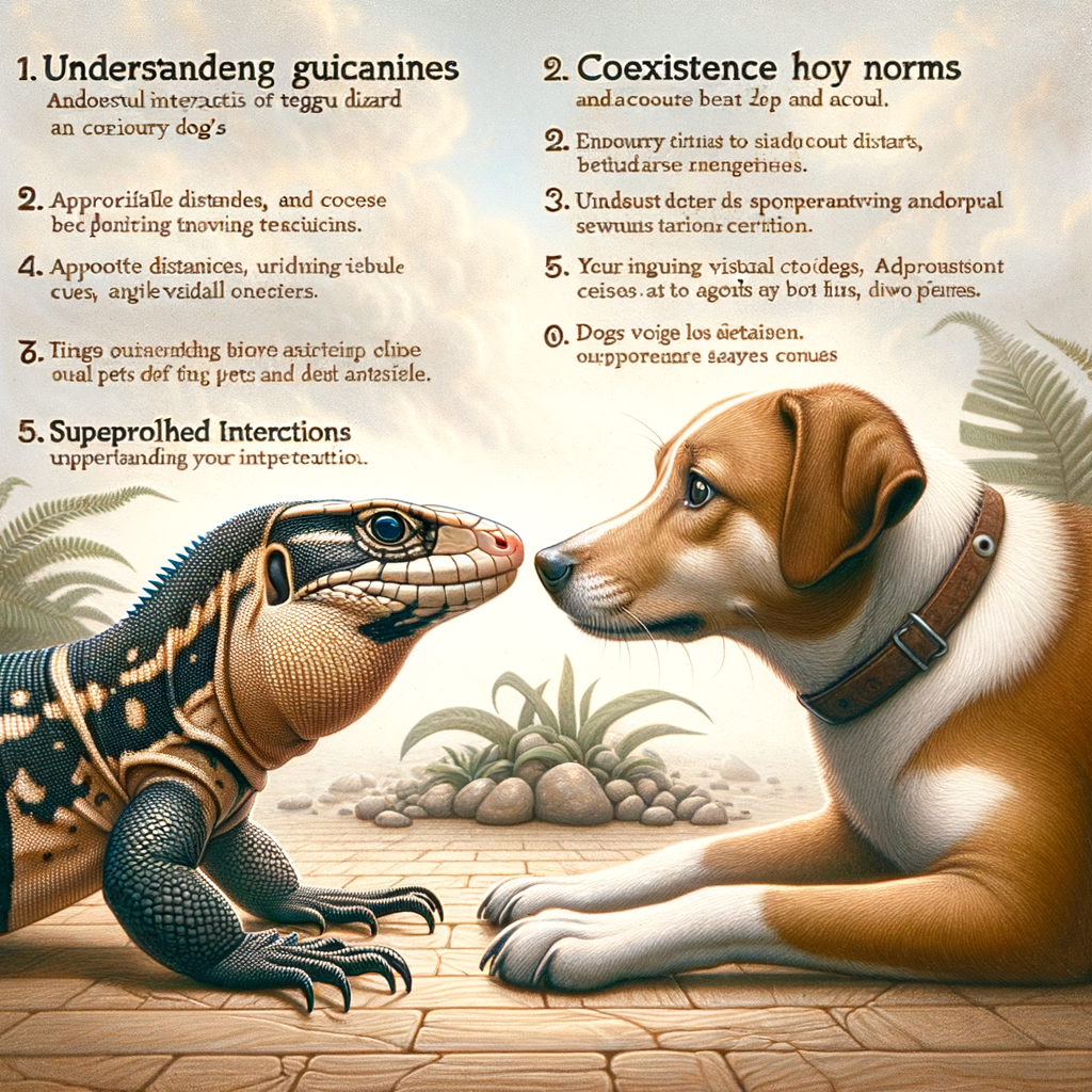 Safe pet interaction demonstration featuring Tegu and dog coexistence, highlighting Tegu safety measures and providing visual cues for understanding Tegu vs dog behavior and managing their interaction.