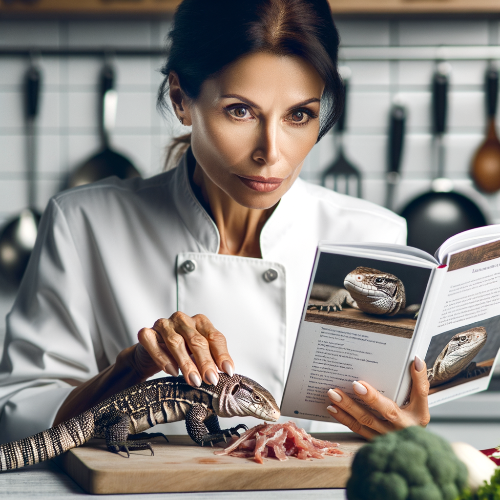 Professional chef preparing Tegu Lizard meat in a kitchen, demonstrating culinary uses of Tegu Lizard, with a Tegu Lizard Recipes book and Tegu Lizard Food Safety guide, highlighting Tegu Lizard edibility and cuisine.