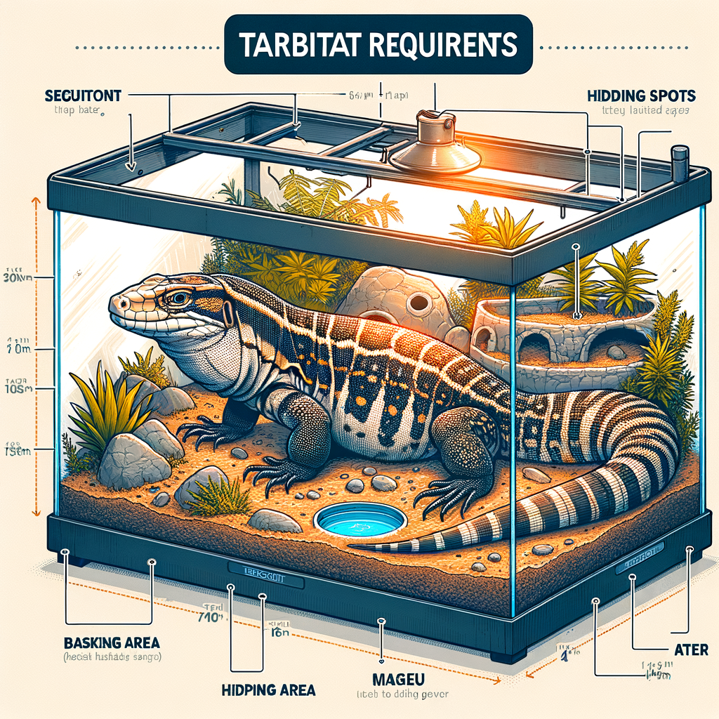 Illustration of ideal Tegu tank size and enclosure setup, demonstrating Tegu habitat requirements and terrarium dimensions for optimal Tegu care, providing a visual guide for setting up a Tegu tank and meeting Tegu housing needs.