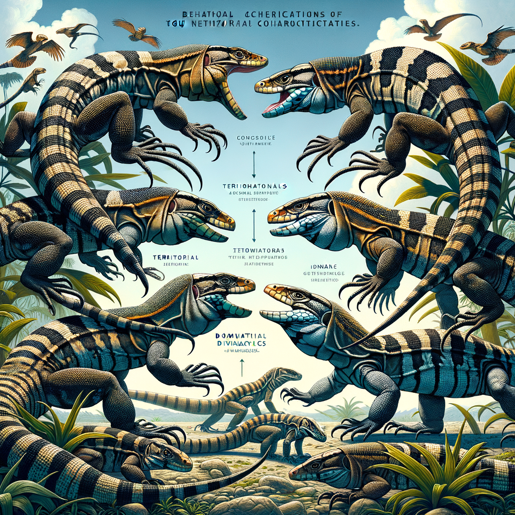 Illustration of Tegu behavior including Tegu territory disputes, Tegu aggression, and Tegu dominance in their natural habitat, highlighting the territorial nature of these lizards for better understanding of Tegu reptile behavior.