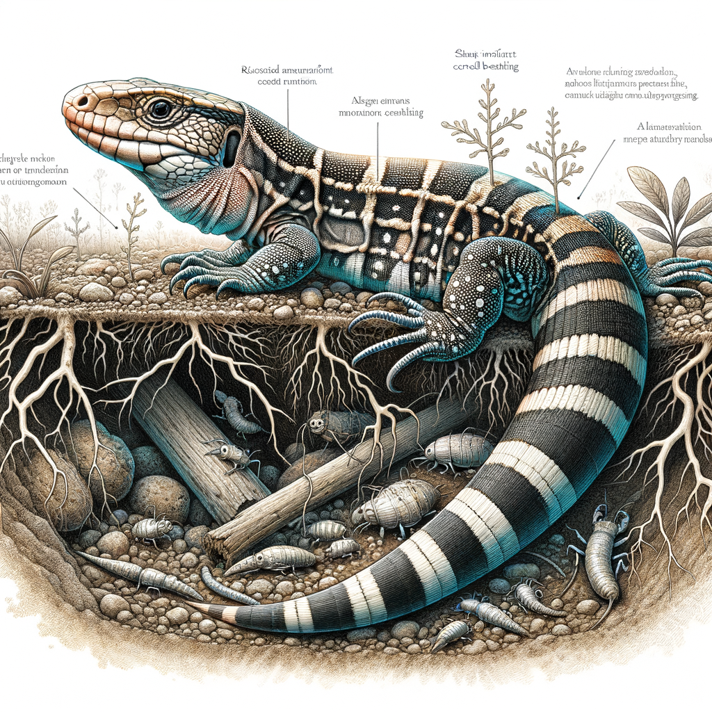 Illustration of Tegu Lizard hibernation in underground habitat, showcasing Tegu Lizard characteristics and behavior patterns during reptile hibernation.
