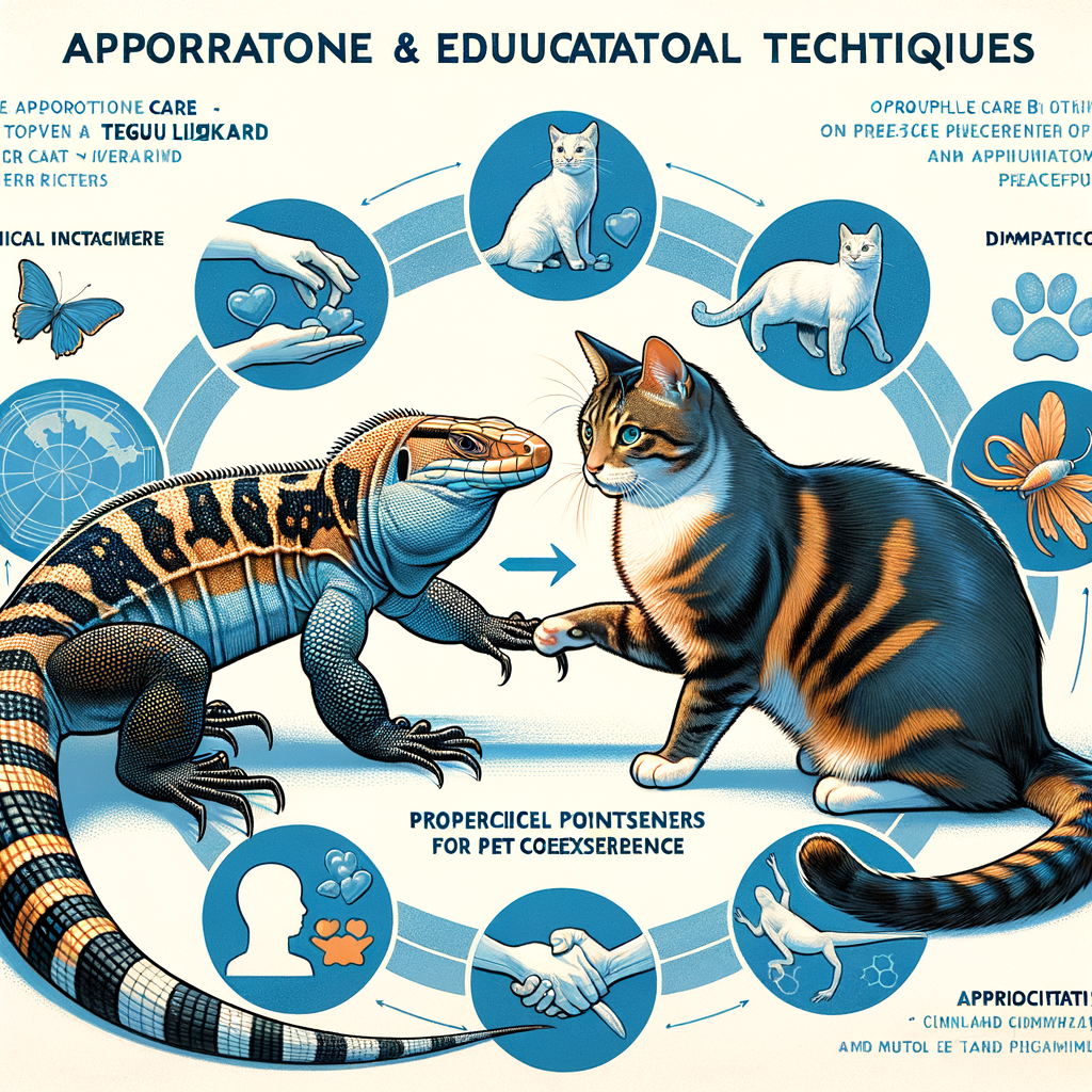 Image illustrating Tegu lizard and cat living together harmoniously, showcasing Tegu lizard care, pet coexistence tips, and highlighting the compatibility and interaction between Tegu lizard and cat for successful coexistence.