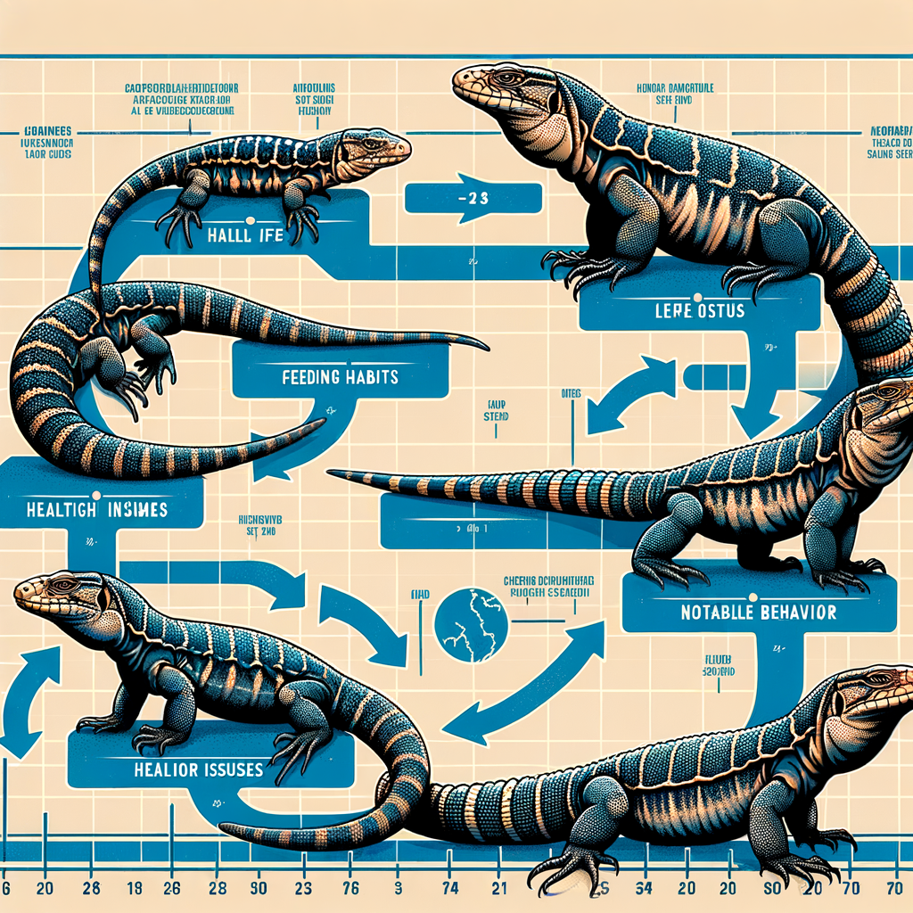 Infographic detailing Tegu life stages from hatchling to senior, including Tegu care guide, Tegu feeding guide, habitat setup, health issues, behavior changes, growth stages, and lifespan for comprehensive Tegu care.