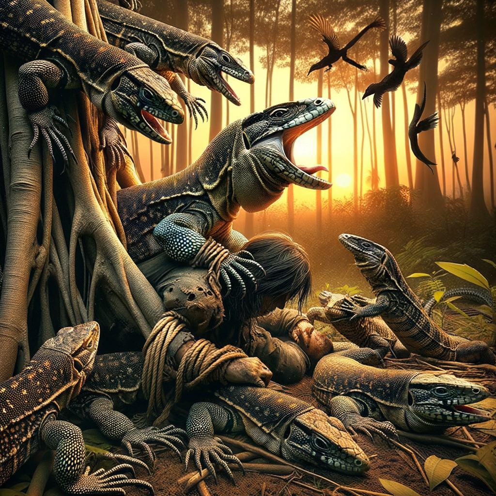 Vivid depiction of Tegu Lizards in the wild, demonstrating their survival and defense mechanisms against common predators, highlighting the threats and predatory behavior towards Tegu Lizards, emphasizing the need for their protection.