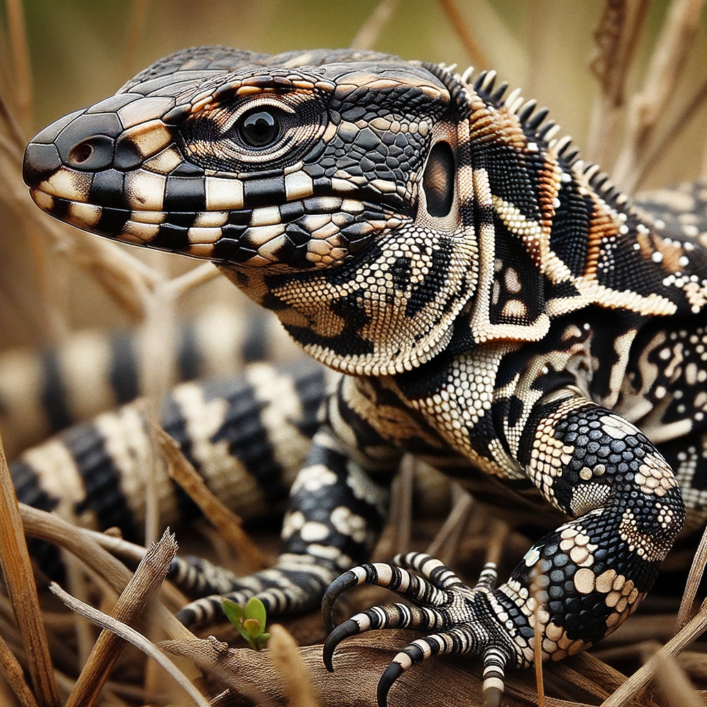 Expert Tegu Lizard camouflage in its natural habitat demonstrating adaptation in lizards, Tegu Lizard behavior, survival techniques, and animal camouflage techniques.