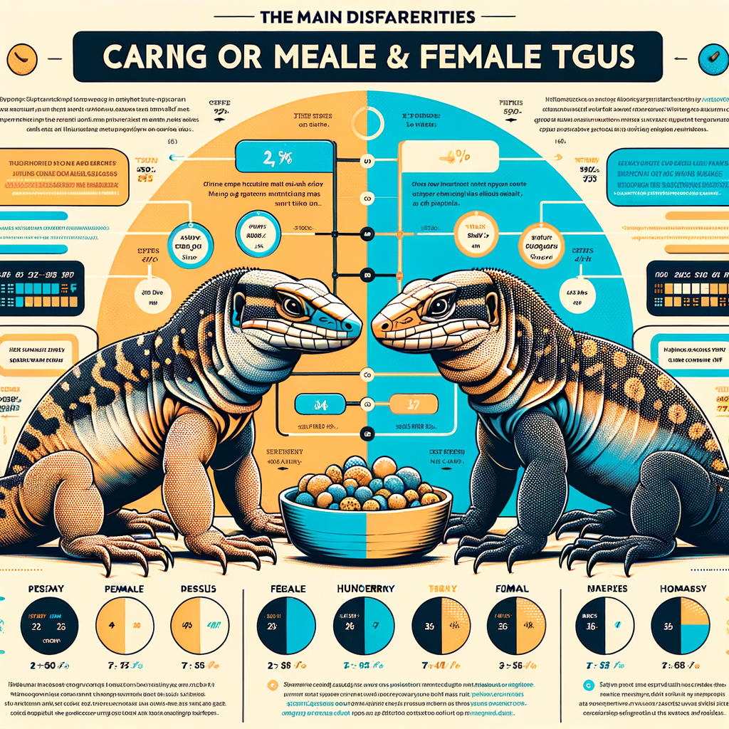 Infographic showing male and female Tegu differences, gender-specific Tegu care tips, and Tegu husbandry practices from a comprehensive Tegu care guide for optimal Tegu pet care.