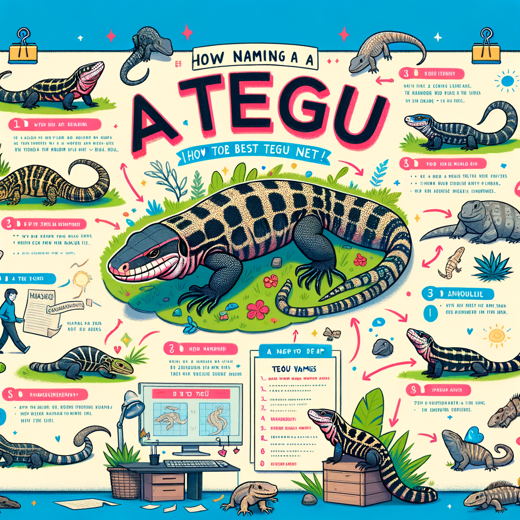 Infographic illustrating a Tegu Naming Guide with unique and best Tegu pet names, providing Tegu name ideas for choosing the perfect Tegu name.