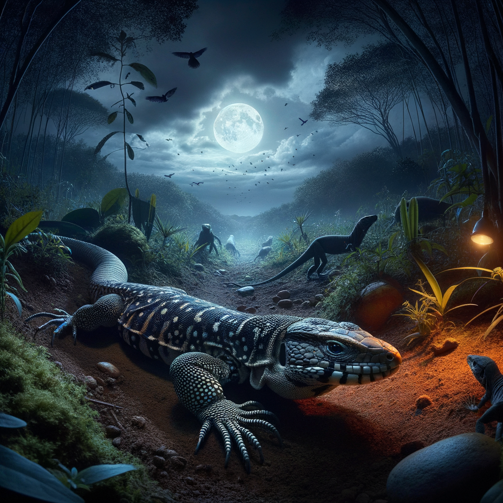Understanding Tegus behavior at night, this captivating image showcases a nocturnal Tegus actively engaged in its natural habitat, highlighting its unique lifestyle and night habits in the dark.