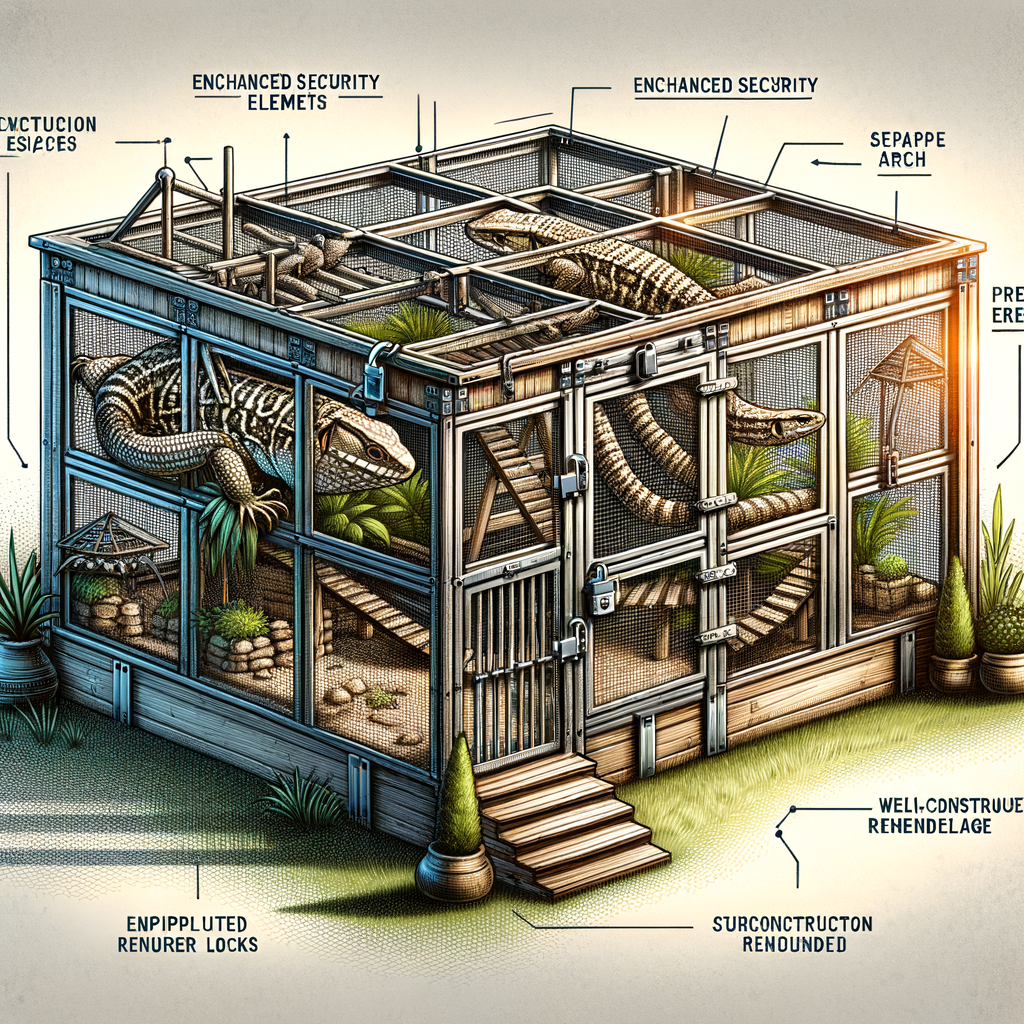 Secure, escape-proof Tegu enclosure design showcasing reinforced walls and locks for Tegu escape prevention and cage safety, highlighting key aspects of Tegu enclosure setup and maintenance.