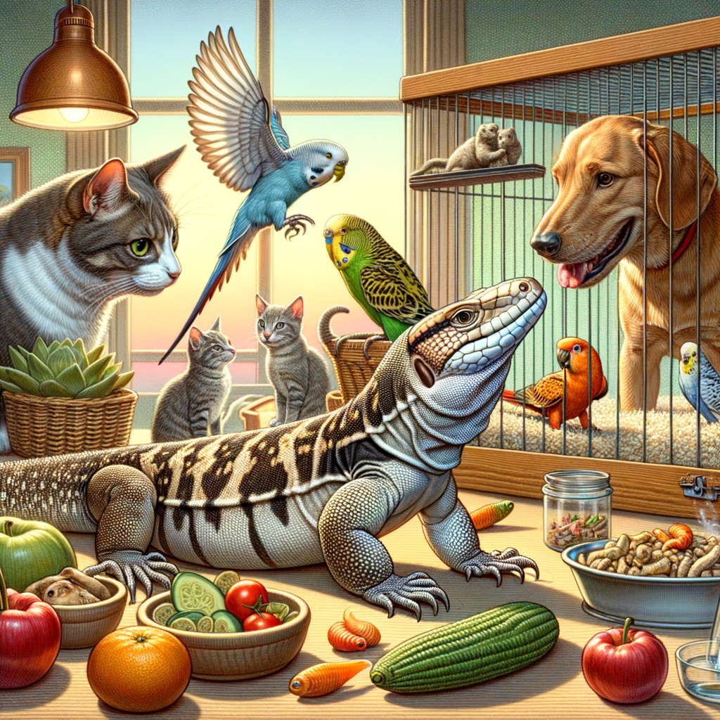 Tegus lizard demonstrating compatibility and cohabitation with other household pets, showcasing Tegus pet care and behavior, serving as a visual Tegus and pets compatibility guide.