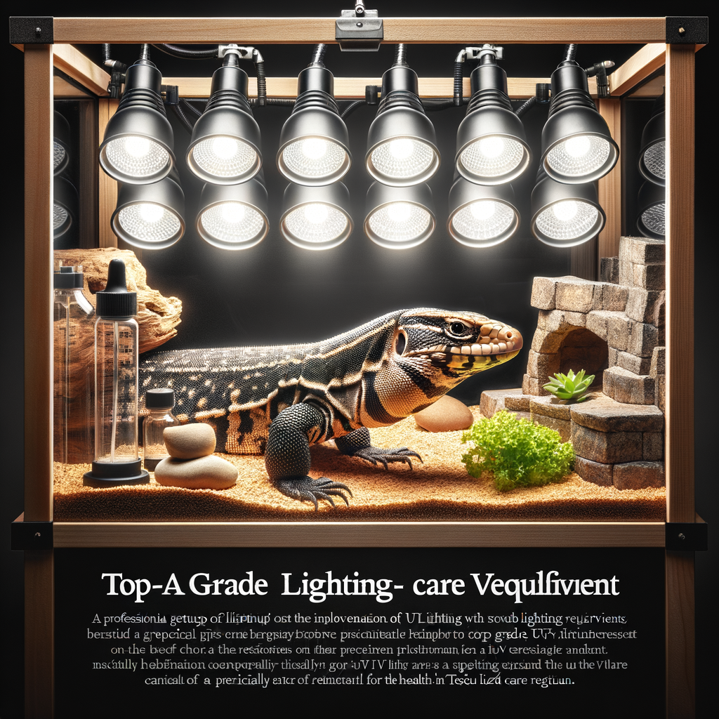 Professional Tegus enclosure setup with best UV lights for Tegus health, emphasizing Tegus lighting requirements and UVB lights for reptiles in a Tegu lizard care guide.