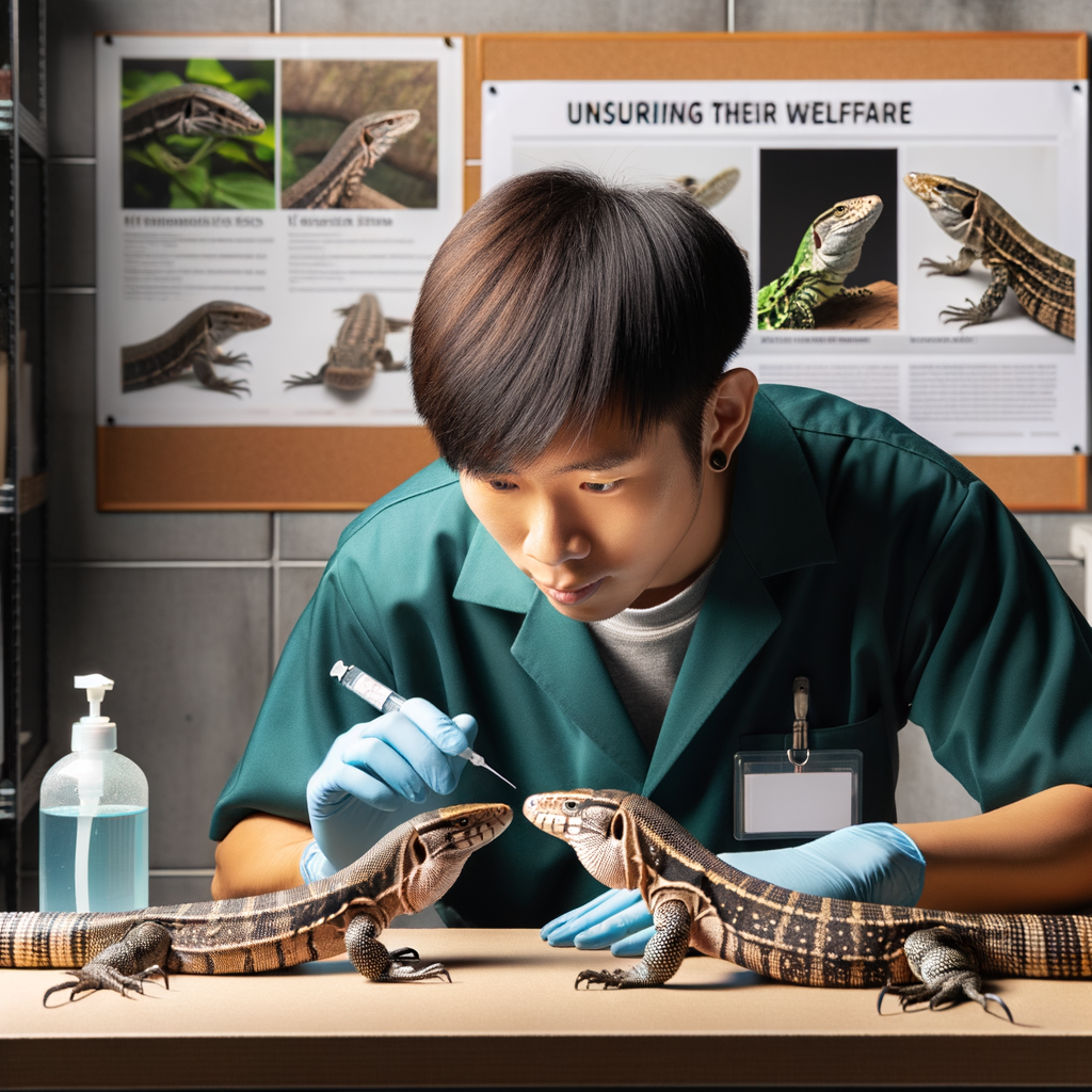 Professional handler safely introducing two Tegu lizards head-to-head, demonstrating proper Tegu lizards care, interaction, and behavior for their coexistence.