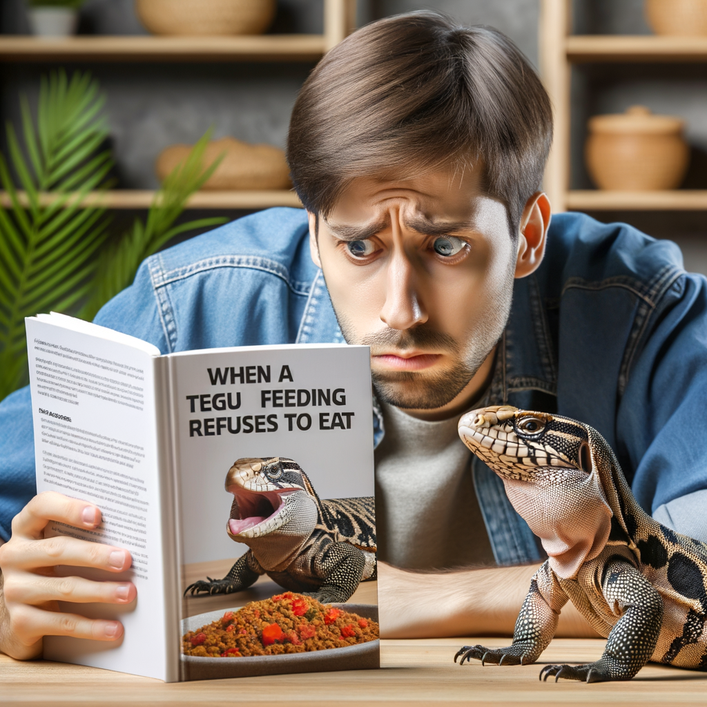 Pet owner concerned about Tegu not eating, researching Tegu feeding problems and solutions in a Tegu diet guide, highlighting common Tegu appetite issues and feeding habits.