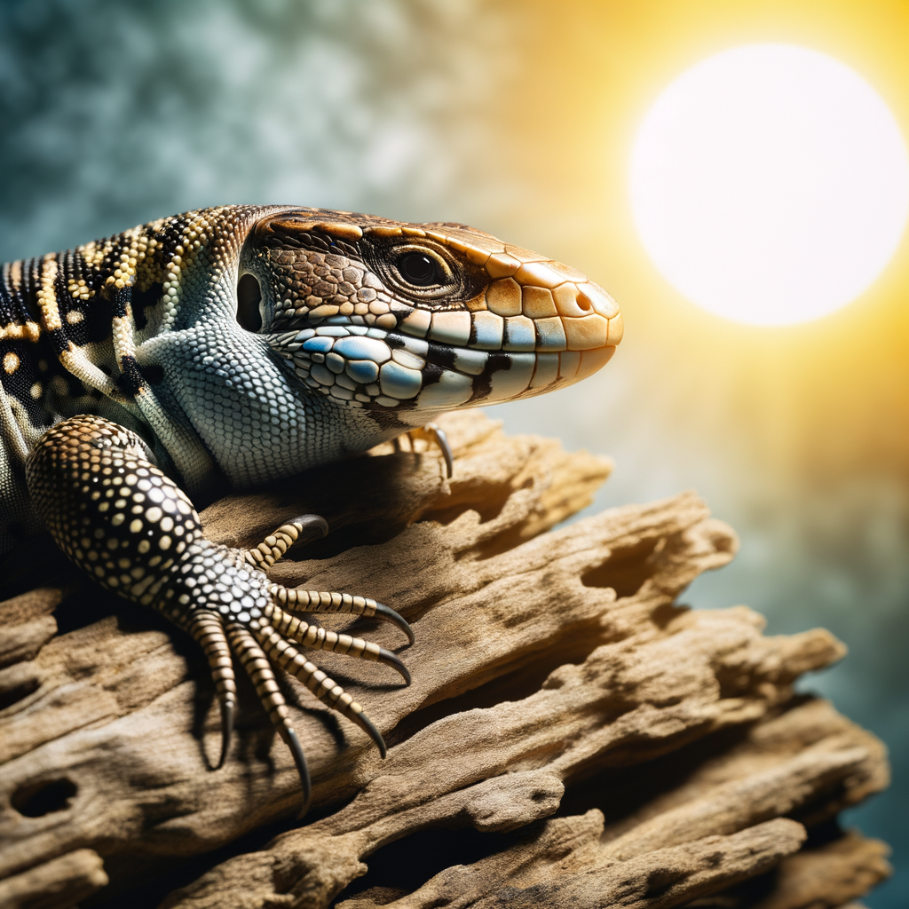 Tegu Lizard in tropical habitat adapting to climate change effects, symbolizing the impact of global warming on tropical transplants and wildlife.