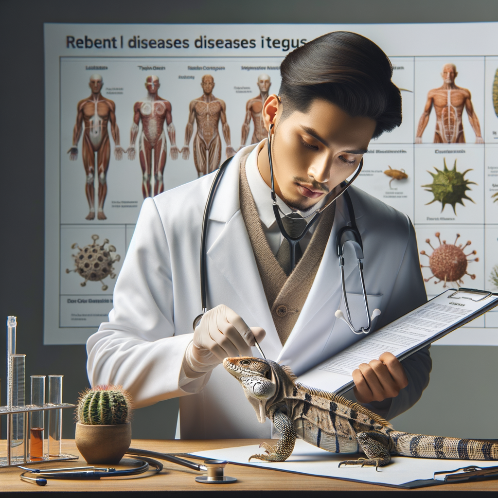 Veterinarian examining a Tegus lizard, demonstrating the navigation of Tegus health threats and managing Tegus diseases, with a chart of common diseases in the background for understanding Tegus health issues.