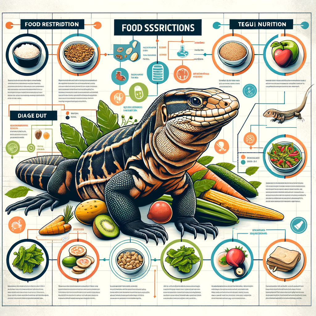 Infographic illustrating Tegu diet tips, a comprehensive Tegu feeding guide, highlighting harmful food for Tegu and Tegu food restrictions for optimal Tegu health care and balanced Tegu pet diet.