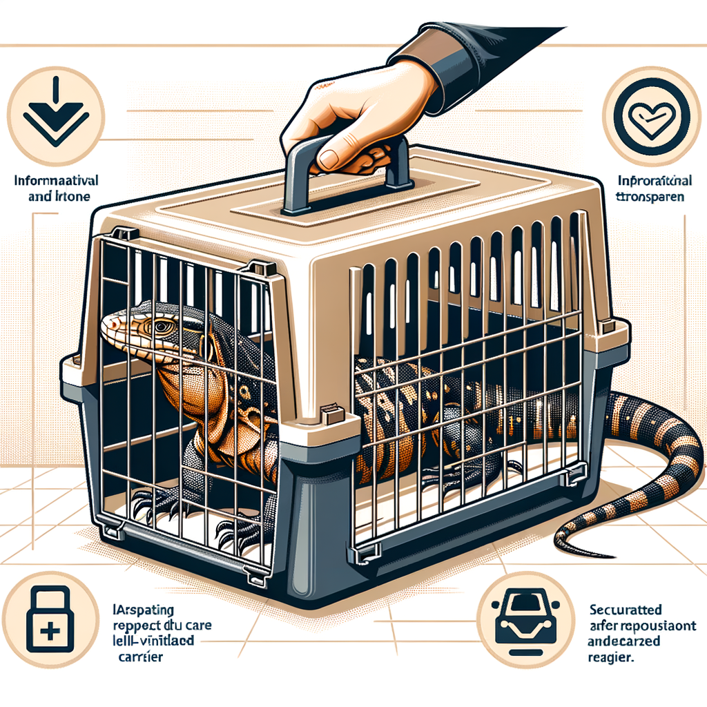 Infographic illustrating safe Tegu lizard transportation in a ventilated carrier, providing essential moving tips and highlighting Tegu lizard care for safe relocation and handling.