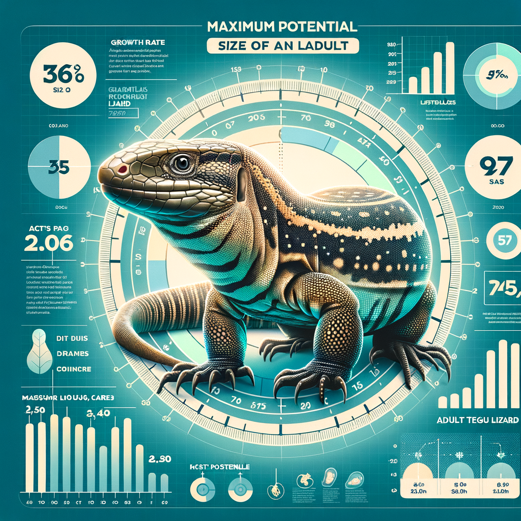 Infographic illustrating Tegu Lizard growth rate, adult Tegu Lizard size, care, diet, and lifespan facts in its natural habitat for understanding how big a Tegu Lizard can grow.