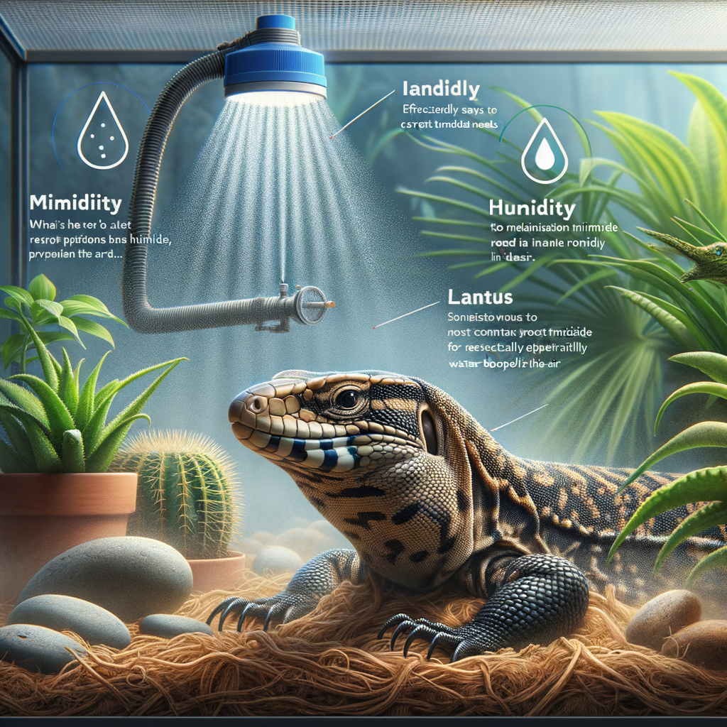 Tegu lizard in a well-maintained habitat setup with misting techniques for humidity control, demonstrating Tegu lizard care and proper humidity requirements.