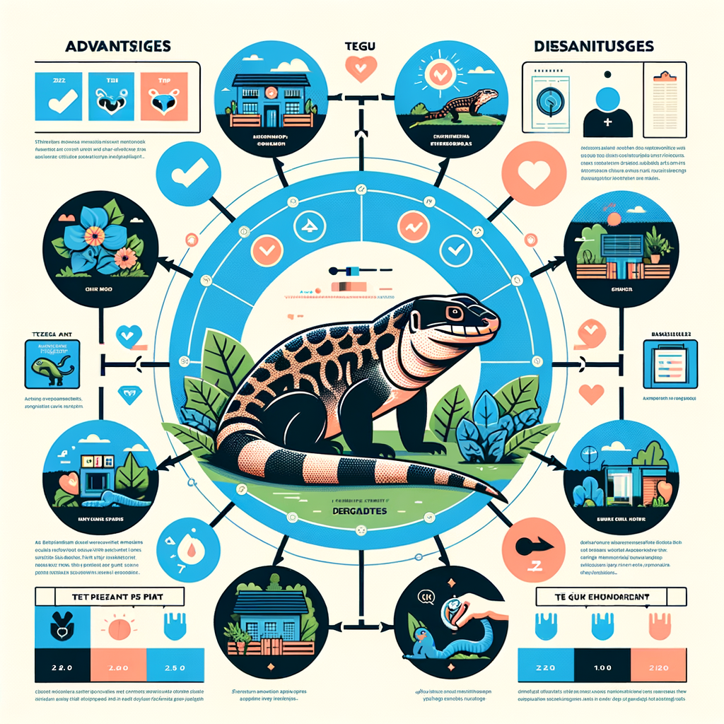 Infographic detailing the pros and cons of Tegu ownership, featuring a healthy pet Tegu in its habitat, key Tegu care icons, and a comprehensive Tegu pet ownership guide.