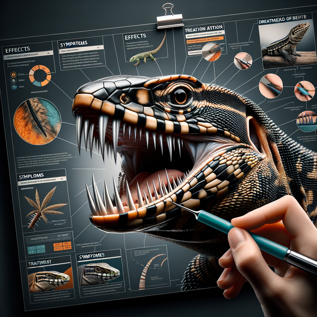 Close-up of Tegu lizard displaying aggressive behavior and sharp teeth, with infographic detailing Tegu lizard bite effects, symptoms, treatment, and prevention methods for understanding reptile bites and Tegu lizard care.