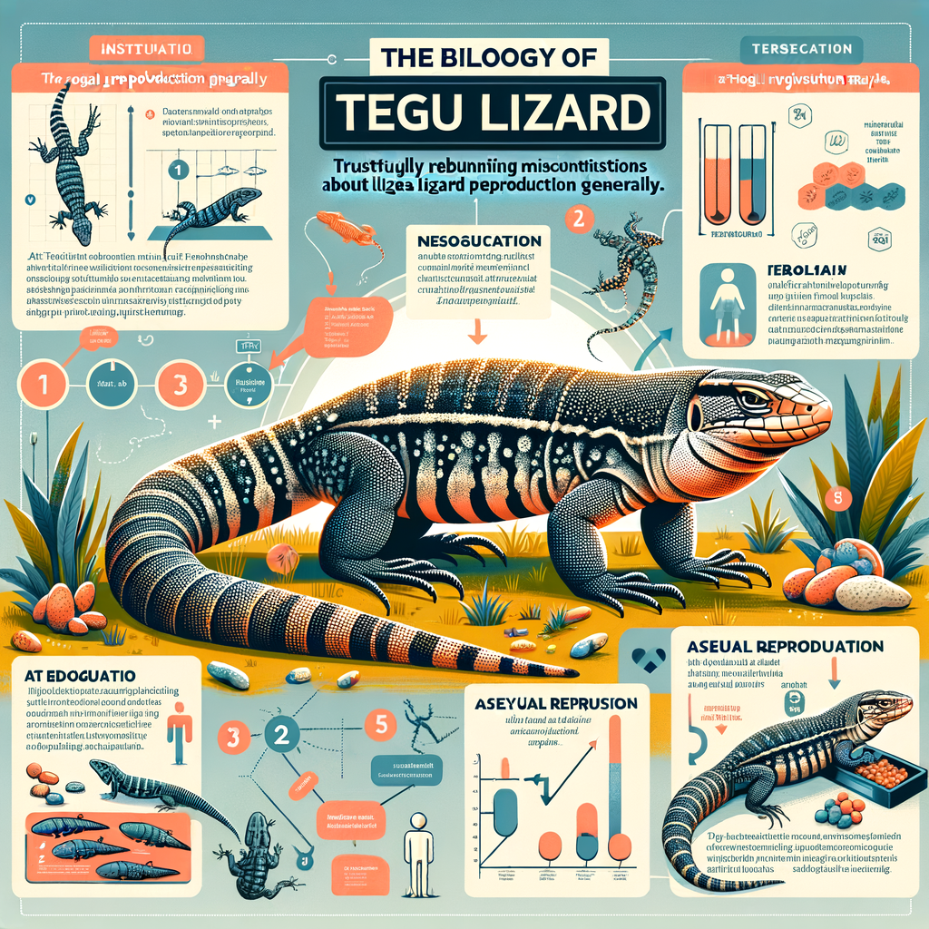 Infographic illustrating Tegu Lizard reproduction, biology, and behavior, debunking myths about asexual reproduction in lizards and providing facts about the unique Tegu Lizard breeding process.