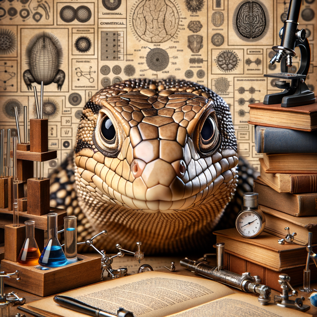 Intelligent Tegu lizard surrounded by scientific instruments and books, symbolizing the study of Tegu lizard behavior, cognition, and learning capabilities for understanding Tegu lizards' intelligence and smartness.