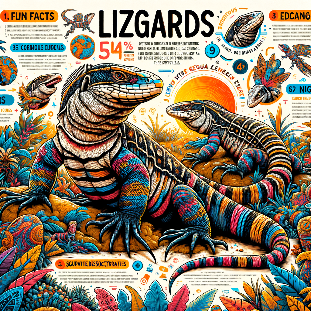 Vibrant infographic illustrating Tegu Lizard species, their unique characteristics, behaviors, and habitats, providing engaging information and fun facts for understanding Tegu Lizard quirks.