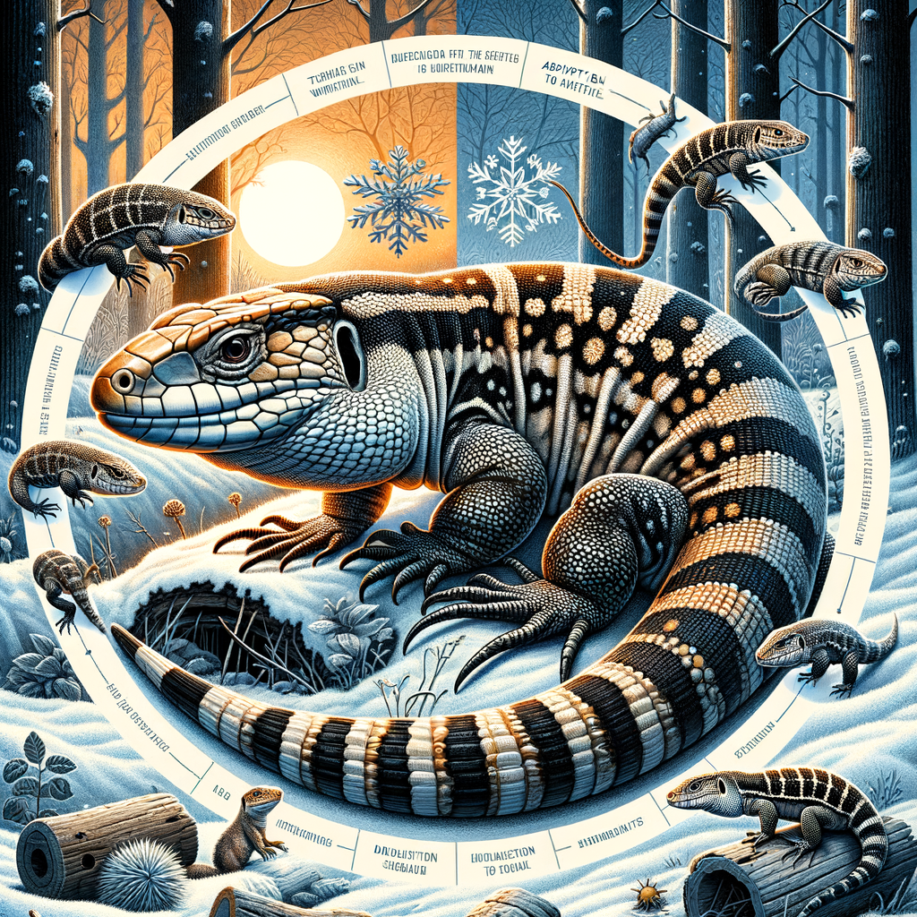 Comprehensive illustration of Tegu Lizard hibernation, sleep patterns, and cold weather behavior during winter, providing insight into Tegu Lizard's dormancy and seasonal changes.